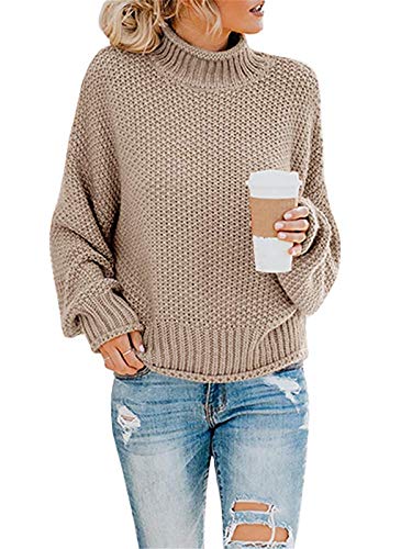 ORANDESIGNE Pullover Damen Oversize Casual Elegant Strickpullover Elegant Winter Rollkragenpullover Grobstrickpullover Damen Strickjacke Tops Bluse Frauen Langarm Winter A Khaki L von ORANDESIGNE