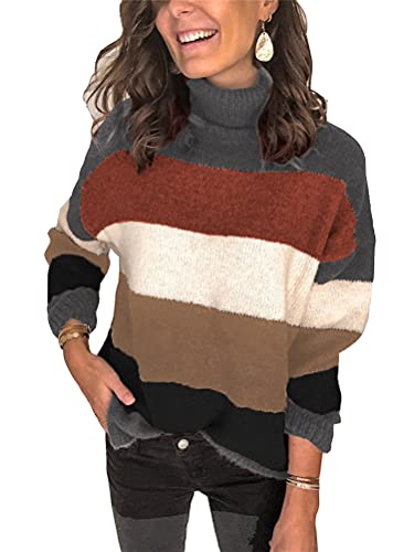 ORANDESIGNE Pullover Damen Rollkragenpulli Langarm Gestreifter Pullover Lose Patchwork Pullis Rollkragen Strickpullover Tunika Winter Oversize Oberteile A Grau XXL von ORANDESIGNE