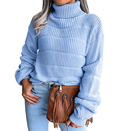 ORANDESIGNE Pullover Damen Rollkragenpullover Casual Sweatshirt Durchbrochener Strickpullover mit Langen Ärmeln Rollkragen Outwear Pulli Blau S von ORANDESIGNE