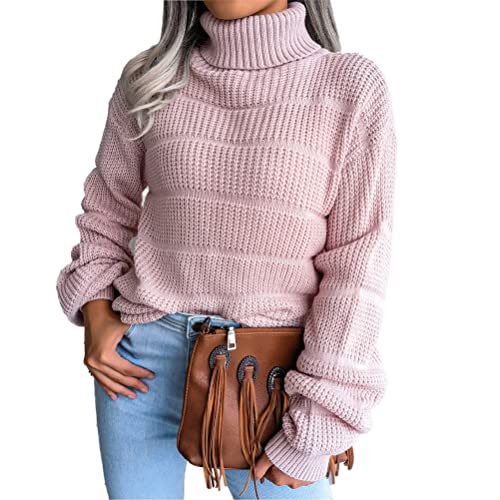 ORANDESIGNE Pullover Damen Rollkragenpullover Casual Sweatshirt Durchbrochener Strickpullover mit Langen Ärmeln Rollkragen Outwear Pulli Rosa M von ORANDESIGNE