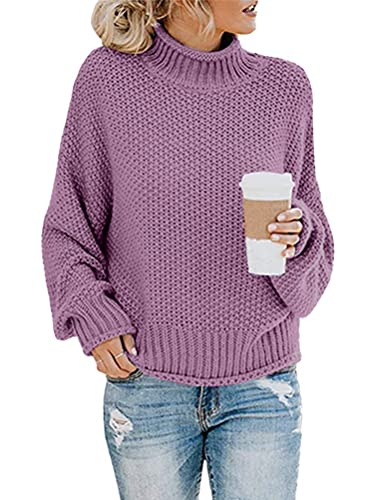 ORANDESIGNE Pullover Damen Rollkragenpullover Elegant Strickpullover Grobstrickpullover Winter Casual Lose Pulli Langarm Oberteile A Hellviolett M von ORANDESIGNE