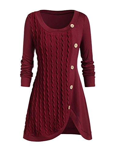 ORANDESIGNE Pullover Damen Rundhalspullover Mit Knopf Unregelmäßig Strickpullover Lässiges Stricken Pulli Winter Sweatshirt Oberteile Elegant Casual Wrap Wickel Strickjacke B Weinrot L von ORANDESIGNE