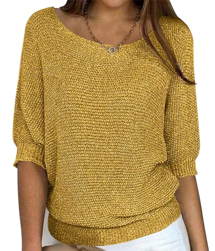 ORANDESIGNE Pullover Damen Strickpullover Winter Rundhals Pulli Herbst Grobstrickpullover Lose Sweatshirt Warm 3/4-Ärmel Shirt Strick Oberteile Frühling Pullover in großen Größen A Gelb M von ORANDESIGNE