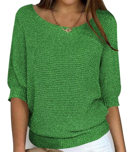 ORANDESIGNE Pullover Damen Strickpullover Winter Rundhals Pulli Herbst Grobstrickpullover Lose Sweatshirt Warm 3/4-Ärmel Shirt Strick Oberteile Frühling Pullover in großen Größen A Grün M von ORANDESIGNE