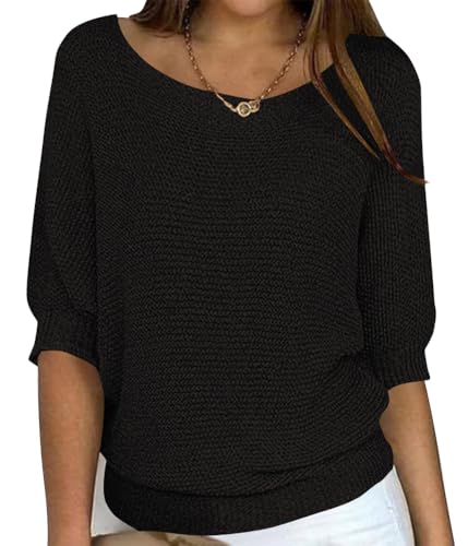 ORANDESIGNE Pullover Damen Strickpullover Winter Rundhals Pulli Herbst Grobstrickpullover Lose Sweatshirt Warm 3/4-Ärmel Shirt Strick Oberteile Frühling Pullover in großen Größen A Schwarz 5XL von ORANDESIGNE