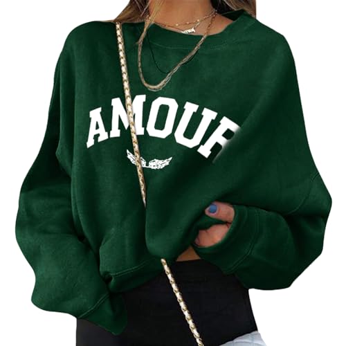 ORANDESIGNE Pullover Damen Sweatshirt Briefe Drucken Langarm Rundhals Pulli Herbst Winter Frauen Buchstaben Druck Casual Oberteil Sport Streetwear Sweatshirts ohne Kapuze Bluse Tops A Dunkelgrün L von ORANDESIGNE