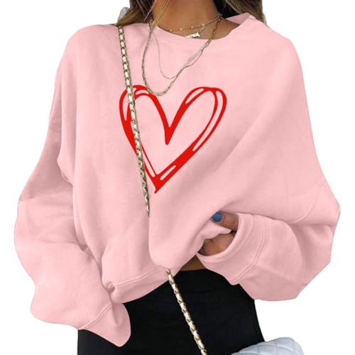 ORANDESIGNE Pullover Damen Sweatshirt Liebe Drucken Langarm Rundhals Pulli Herbst Winter Frauen Valentinstag Locker Casual Oberteil Sport Streetwear Sweatshirts ohne Kapuze Bluse Tops A Rosa XL von ORANDESIGNE