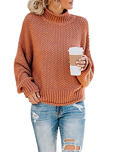 ORANDESIGNE Pullover Damen Warm Strickpullover Rollkragenpullover Solid Wrap Gestrickt Langarmshirts Oberteile CasualOversize Loose Lange Ärmel Stricken Oberteil Tops A Orange L von ORANDESIGNE