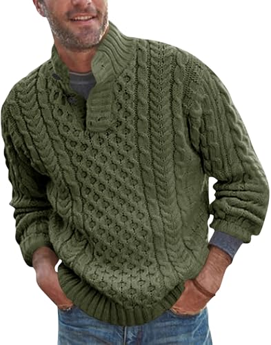 ORANDESIGNE Pullover Herren Zopfmuster Rollkragenpullover Strickpullover Winterpullover mit Stehkragen Langarm Slim Fit Pulli Rolli mit Knöpfen A Grün XXL von ORANDESIGNE