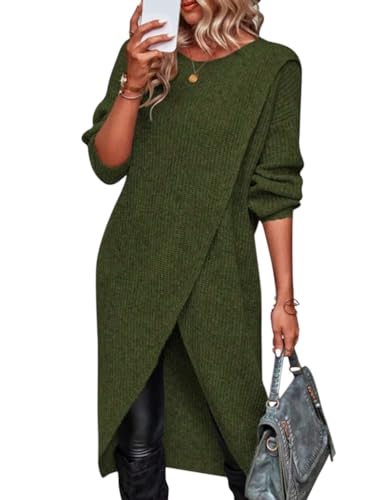 ORANDESIGNE Pulloverkleid Damen Elegant Winterkleid Strick Midi Langarm Herbst Winter Pullikleid Knielang Strickkleid Lässig Lockerer Strickpullover Asymmetrisches Sweatkleid A Armeegrün M von ORANDESIGNE