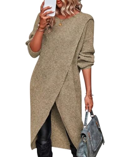 ORANDESIGNE Pulloverkleid Damen Elegant Winterkleid Strick Midi Langarm Herbst Winter Pullikleid Knielang Strickkleid Lässig Lockerer Strickpullover Asymmetrisches Sweatkleid A Khaki M von ORANDESIGNE