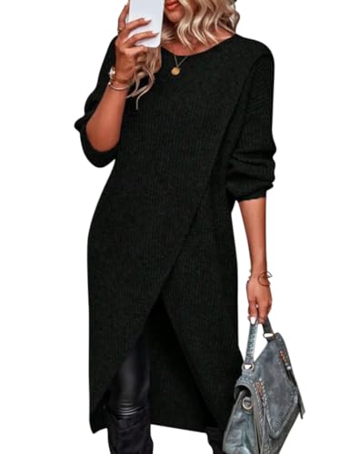 ORANDESIGNE Pulloverkleid Damen Elegant Winterkleid Strick Midi Langarm Herbst Winter Pullikleid Knielang Strickkleid Lässig Lockerer Strickpullover Asymmetrisches Sweatkleid A Schwarz L von ORANDESIGNE