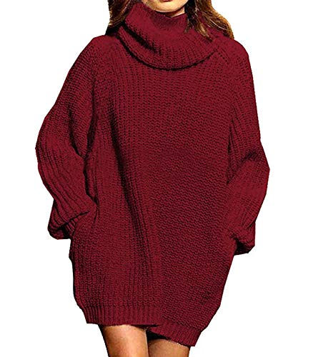 ORANDESIGNE Pulloverkleider Damen Elegant Strickkleid Rollkragen Pullikleid Basic Winterkleider Gestricktes Freizeitkleid Langarm Einfarbig Kleid mit Rollkragen 01 Rot X-Large von ORANDESIGNE