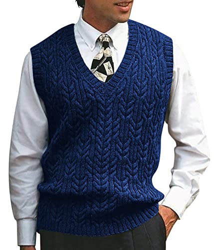 ORANDESIGNE Pullunder Herren Årmellos Trachten Strickweste Zopfmuster Pullover Regular Fit Strickpullunder Winter Pullover Weste Grobstrick Strickpullover Sweater Knitted Tank Top Blau XL von ORANDESIGNE