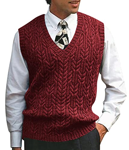 ORANDESIGNE Pullunder Herren Årmellos Trachten Strickweste Zopfmuster Pullover Regular Fit Strickpullunder Winter Pullover Weste Grobstrick Strickpullover Sweater Knitted Tank Top Rotwein 3XL von ORANDESIGNE