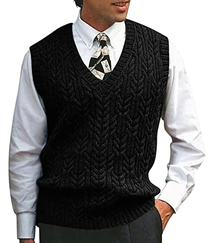 ORANDESIGNE Pullunder Herren Årmellos Trachten Strickweste Zopfmuster Pullover Regular Fit Strickpullunder Winter Pullover Weste Grobstrick Strickpullover Sweater Knitted Tank Top Schwarz XXL von ORANDESIGNE