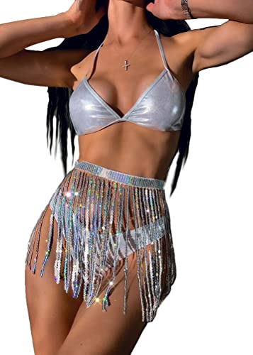 ORANDESIGNE Rave Outfits für Damen Frauen 3 Stück Metallischer Badeanzug Bikini Set Quasten Rock und Bandeau Oberteil Badeanzüge für Party Clubwear EDC-Musik Festival E Weiß S von ORANDESIGNE