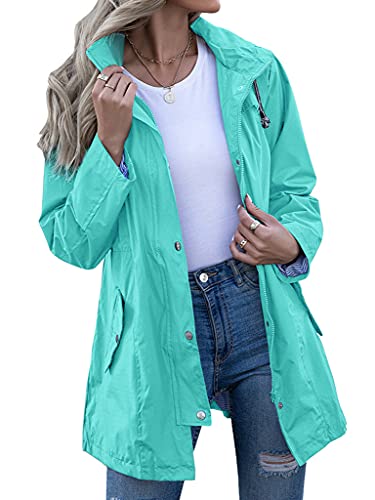 ORANDESIGNE Regenjacken Damen Leicht Jacke Mittellanger Regenmantel Mit Kapuze Kordelzug Reißverschluss Tasten Windbreaker Wetterfest Wasserdicht Outdoorjacke Regenparka A Wasserblau S von ORANDESIGNE