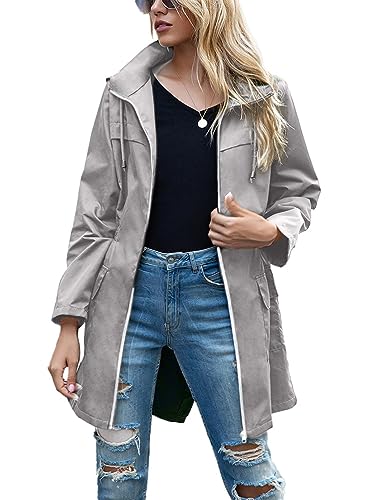 ORANDESIGNE Regenjacken Damen Leicht Jacke Mittellanger Regenmantel Mit Kapuze Kordelzug Reißverschluss Tasten Windbreaker Wetterfest Wasserdicht Outdoorjacke Regenparka D Khaki S von ORANDESIGNE