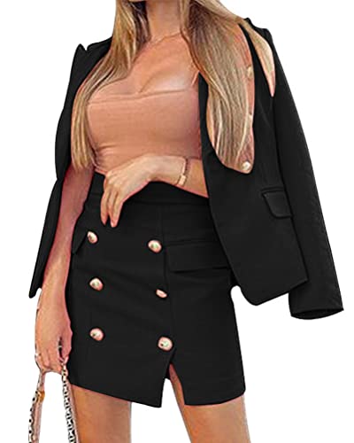 ORANDESIGNE Rock Anzug Damen Business Elegant Set Zweiteiler Rock und Blazer Outfits 2 Teiler Slim Fit Kariert Anzug Anzugjacke Büro Formal Modern Freizeitanzug Streetwear B Schwarz L von ORANDESIGNE