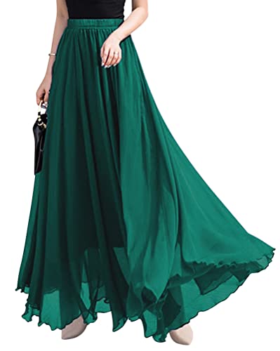 ORANDESIGNE Rock Damen Elegant Lang Maxi Faltenrock Hohe Taille Plissee Röcke Elastische Taille A Linie Casual Rüll Swing Chiffonrock Leicht Festlich Cocktail Maxirock Freizeitrock Dunkelgrün XL von ORANDESIGNE