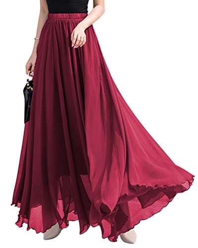 ORANDESIGNE Rock Damen Elegant Lang Maxi Faltenrock Hohe Taille Plissee Röcke Elastische Taille A Linie Casual Rüll Swing Chiffonrock Leicht Festlich Maxirock Cocktail Freizeitrock Burgundisch M von ORANDESIGNE