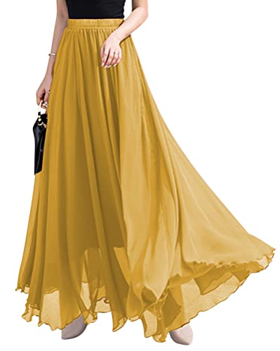 ORANDESIGNE Rock Damen Elegant Lang Maxi Faltenrock Hohe Taille Plissee Röcke Elastische Taille A Linie Casual Rüll Swing Chiffonrock Leicht Festlich Maxirock Cocktail Freizeitrock Gelb M von ORANDESIGNE