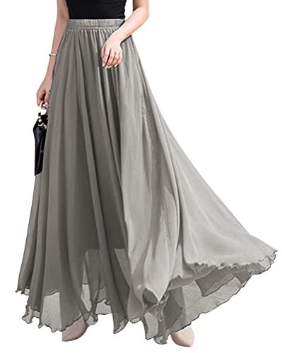 ORANDESIGNE Rock Damen Elegant Lang Maxi Faltenrock Hohe Taille Plissee Röcke Elastische Taille A Linie Casual Rüll Swing Chiffonrock Leicht Festlich Maxirock Cocktail Freizeitrock Grau S von ORANDESIGNE