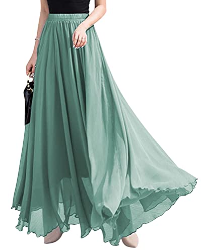 ORANDESIGNE Rock Damen Elegant Lang Maxi Faltenrock Hohe Taille Plissee Röcke Elastische Taille A Linie Casual Rüll Swing Chiffonrock Leicht Festlich Maxirock Cocktail Freizeitrock Grün L von ORANDESIGNE