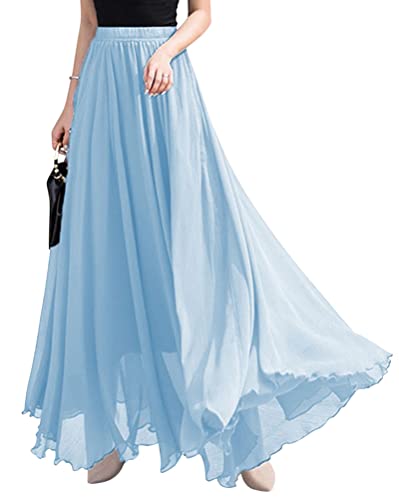 ORANDESIGNE Rock Damen Elegant Lang Maxi Faltenrock Hohe Taille Plissee Röcke Elastische Taille A Linie Casual Rüll Swing Chiffonrock Leicht Festlich Maxirock Cocktail Freizeitrock Hellblau M von ORANDESIGNE