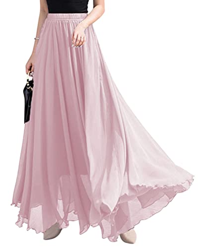 ORANDESIGNE Rock Damen Elegant Lang Maxi Faltenrock Hohe Taille Plissee Röcke Elastische Taille A Linie Casual Rüll Swing Chiffonrock Leicht Festlich Maxirock Cocktail Freizeitrock Hellrosa S von ORANDESIGNE