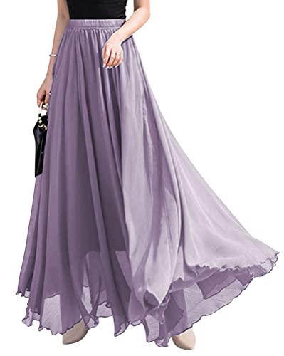 ORANDESIGNE Rock Damen Elegant Lang Maxi Faltenrock Hohe Taille Plissee Röcke Elastische Taille A Linie Casual Rüll Swing Chiffonrock Leicht Festlich Maxirock Cocktail Freizeitrock Hellviolett L von ORANDESIGNE