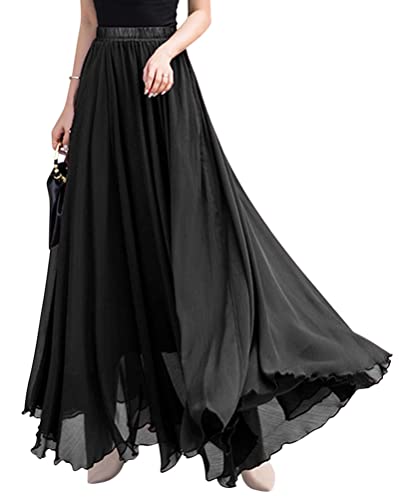 ORANDESIGNE Rock Damen Elegant Lang Maxi Faltenrock Hohe Taille Plissee Röcke Elastische Taille A Linie Casual Rüll Swing Chiffonrock Leicht Festlich Maxirock Cocktail Freizeitrock Schwarz M von ORANDESIGNE