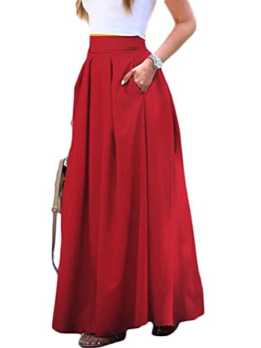 ORANDESIGNE Rock Damen Knielang A Linie Elegant Boho Sommerrock Leicht Lang Plisseerock Einfarbig Festlich Maxirock Vintage Retro Casual Strandrock Langer Faltenrock Cocktail Freizeitrock C Rot M von ORANDESIGNE