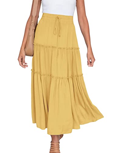 ORANDESIGNE Rock Damen Knielang A Linie Elegant Boho Sommerrock Leicht Lang Plisseerock Einfarbig Festlich Maxirock Vintage Retro Casual Strandrock Langer Faltenrock Skirt A Gelb L von ORANDESIGNE