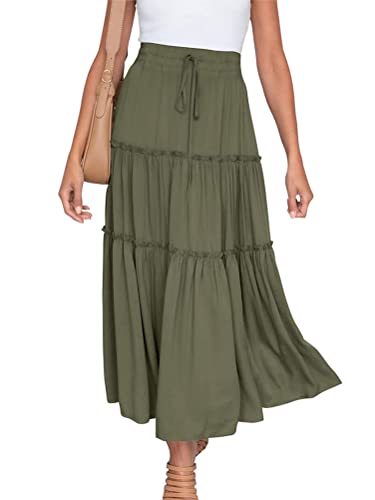 ORANDESIGNE Rock Damen Knielang A Linie Elegant Boho Sommerrock Leicht Lang Plisseerock Einfarbig Festlich Maxirock Vintage Retro Casual Strandrock Langer Faltenrock Skirt A Grün XL von ORANDESIGNE