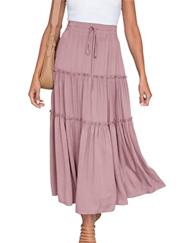 ORANDESIGNE Rock Damen Knielang A Linie Elegant Boho Sommerrock Leicht Lang Plisseerock Einfarbig Festlich Maxirock Vintage Retro Casual Strandrock Langer Faltenrock Skirt A Rosa XL von ORANDESIGNE