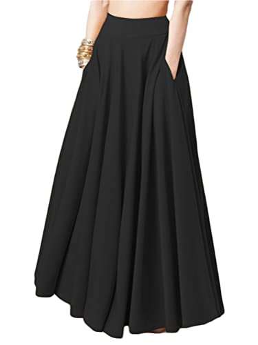 ORANDESIGNE Rock Damen Knielang A Linie Elegant Boho Sommerrock Leicht Lang Plisseerock Einfarbig Festlich Maxirock Vintage Retro Strandrock Langer Faltenrock Cocktail Freizeitrock D Schwarz XXL von ORANDESIGNE