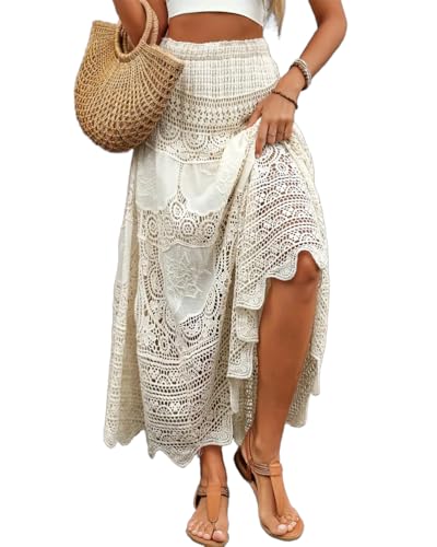 ORANDESIGNE Rock Damen Maxirock A-Line Mit Spitze Spitzenrock Y2K Hohe Taille Strandrock Sommer Einfarbig Sommerrock Strandkleider Langrock B Beige L von ORANDESIGNE