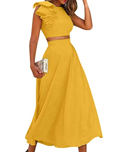 ORANDESIGNE Rock Und Crop Top Set Damen Sommer Outfit Zweiteiler Elegant Festlich Röcke Anzug Abendmode 2 Teilig Büro Formal Modern Business Freizeitanzug Mode Streetwear Bekleidungsset Gelb L von ORANDESIGNE