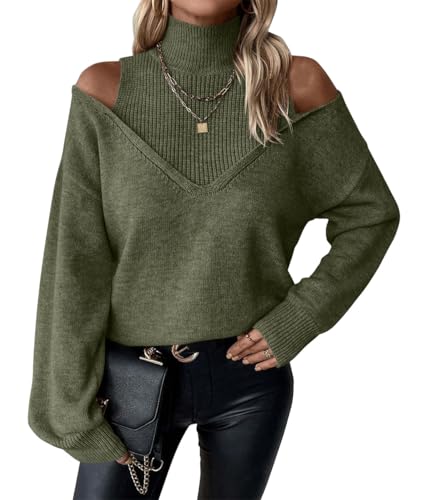 ORANDESIGNE Rollkragenpullover Damen Elegant Winter Pullover Patchwork Drop Shoulder Strickpullover Feinstrick Pullover Casual Lose Langarm Schulterfreier Pulli Oberteile Winter A Grün M von ORANDESIGNE