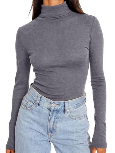 ORANDESIGNE Rollkragenpullover Damen Langarmshirt Basic Turtleneck Top Slim Fit T-Shirt Oberteil Y2K Enges Tshirt Gym Tops Shirt Elegant Crop Top Basic Bluse Party Oberteile A Grau M von ORANDESIGNE