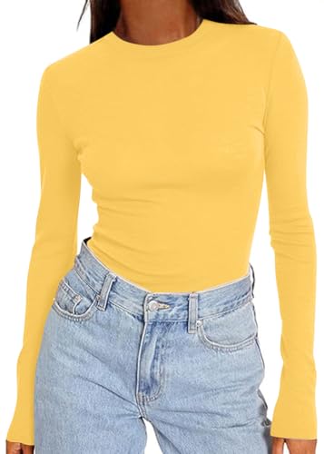 ORANDESIGNE Rollkragenpullover Damen Langarmshirt Basic Turtleneck Top Slim Fit T-Shirt Oberteil Y2K Enges Tshirt Gym Tops Shirt Elegant Crop Top Basic Bluse Party Oberteile B Gelb XL von ORANDESIGNE