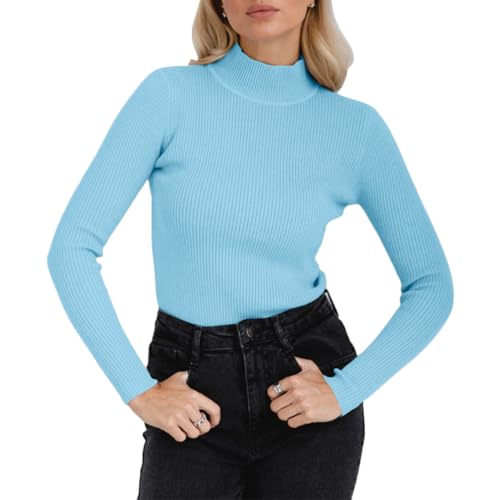 ORANDESIGNE Rollkragenpullover Damen Long Sleeve Shirt Basic Turtleneck Top High Collar Slim Fit T-Shirt Top for Autumn Winter A Hellblau Einheitsgröße von ORANDESIGNE