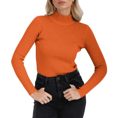 ORANDESIGNE Rollkragenpullover Damen Long Sleeve Shirt Basic Turtleneck Top High Collar Slim Fit T-Shirt Top for Autumn Winter A Orange Einheitsgröße von ORANDESIGNE