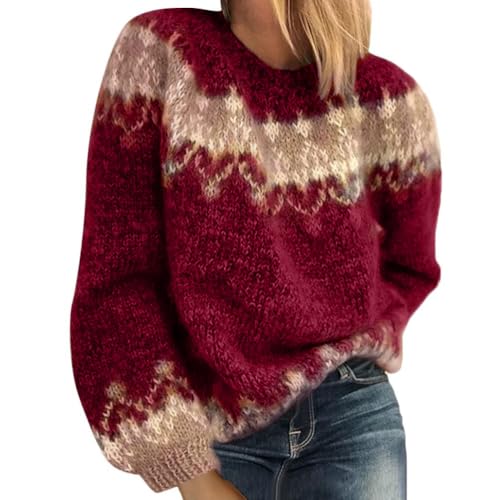 ORANDESIGNE Rollkragenpullover Damen Pullover Gestrickt Druck Geometrisch Stylisch Lässig Lose Mohair Grobstrick Jacquard Strickpullover Rundhals Sweater Jumper Herbst Winter B Lila M von ORANDESIGNE