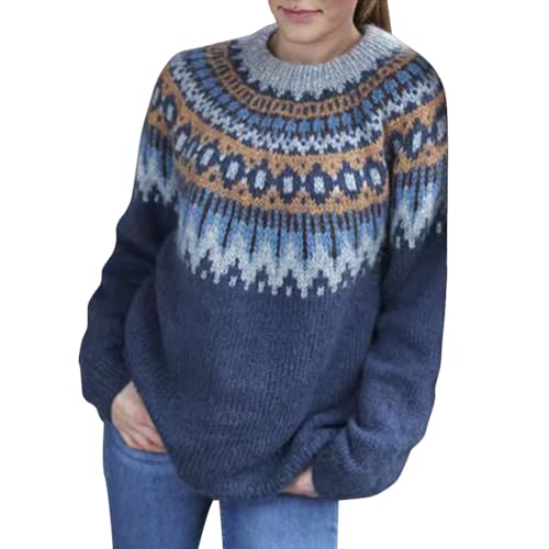 ORANDESIGNE Rollkragenpullover Damen Pullover Gestrickt Druck Geometrisch Stylisch Lässig Lose Mohair Grobstrick Jacquard Strickpullover Rundhals Sweater Jumper Herbst Winter C Marine M von ORANDESIGNE