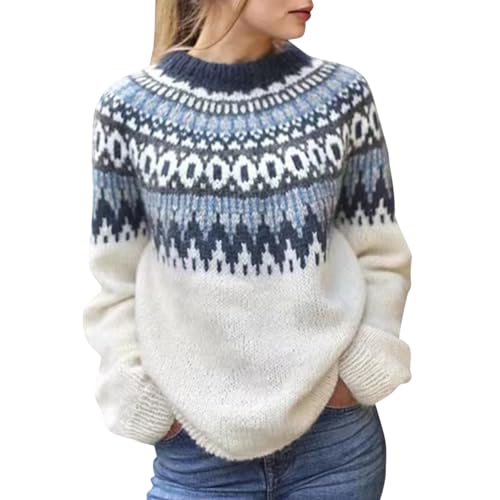 ORANDESIGNE Rollkragenpullover Damen Pullover Gestrickt Druck Geometrisch Stylisch Lässig Lose Mohair Grobstrick Jacquard Strickpullover Rundhals Sweater Jumper Herbst Winter C Weiß L von ORANDESIGNE