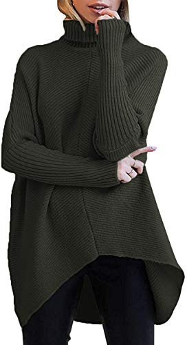 ORANDESIGNE Rollkragenpullover Fledermausärmel Asymmetrischer Saum Damen Pullover Lässiger Pullover Strickpullover Mittlere Länge Lose Pullover Sweatshirt C Armeegrün XL von ORANDESIGNE