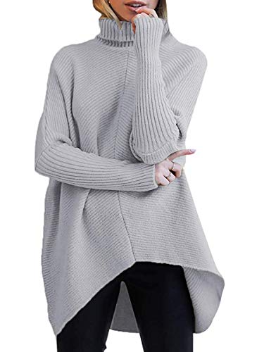 ORANDESIGNE Rollkragenpullover Fledermausärmel Asymmetrischer Saum Damen Pullover Lässiger Pullover Strickpullover Mittlere Länge Lose Pullover Sweatshirt C Grau XL von ORANDESIGNE